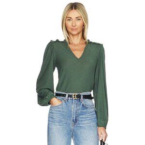 NATION LTD Dolly Smocked Shoulder Long Sleeve Blouse Top in Evergreen Size S